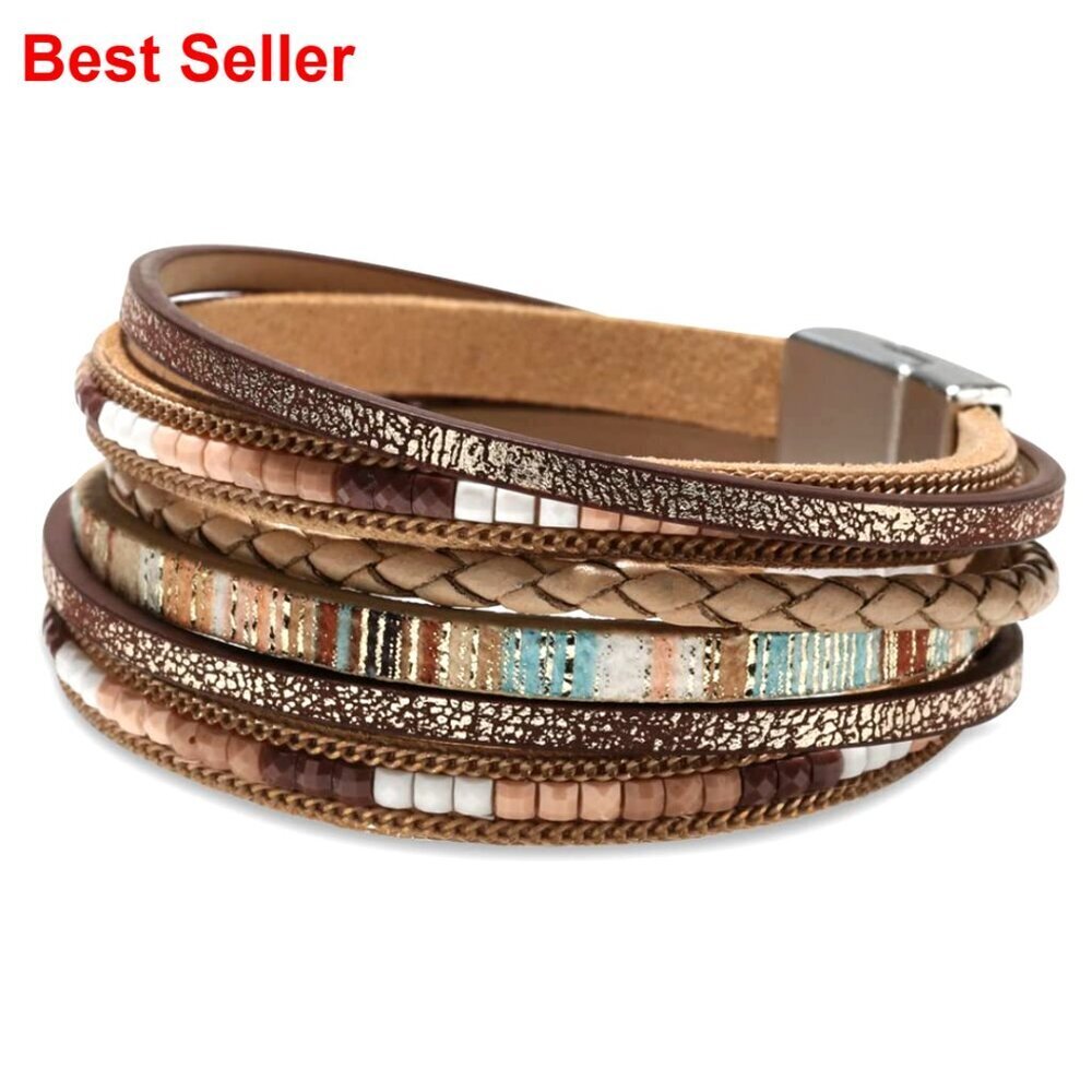 Leather Wrap Bracelet with Crystal Beads, Boho Leopard Multi-Layer Cuff